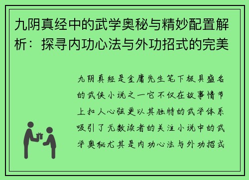 九阴真经中的武学奥秘与精妙配置解析：探寻内功心法与外功招式的完美结合