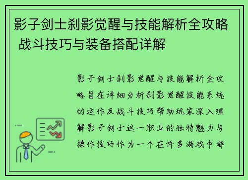影子剑士刹影觉醒与技能解析全攻略 战斗技巧与装备搭配详解